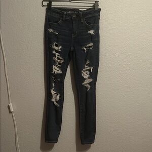 American Eagle Outfitters Women's Dark Blue Distressed Skinny Jeans
